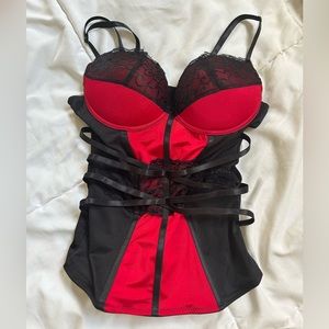 Red and black lace corset top